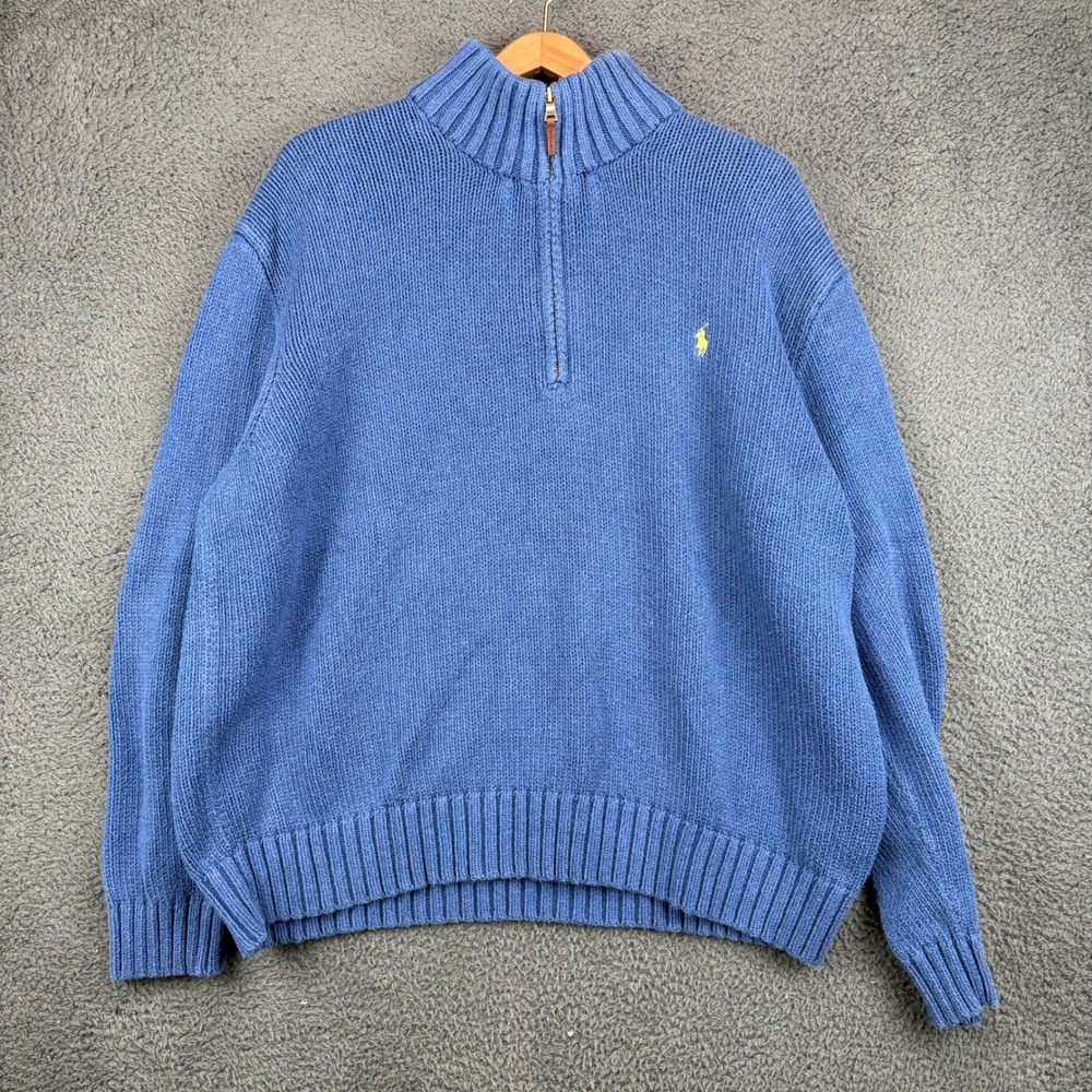 Polo Ralph Lauren Mens XXL Blue Cotton Shaker Knit Quarter Zip Pullover Sweater